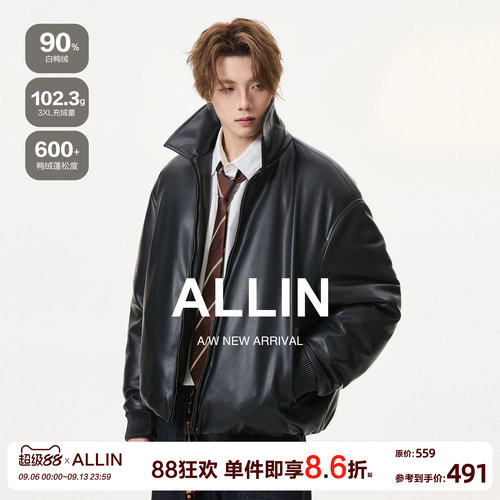 ALLIN 黑色皮衣羽绒服外套男冬季情侣cleanfit痞帅机车防风皮夹克