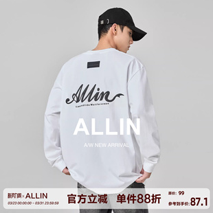 上衣 t恤男女春秋字母印花圆领套头纯棉重磅打底衫 ALLIN 白色长袖