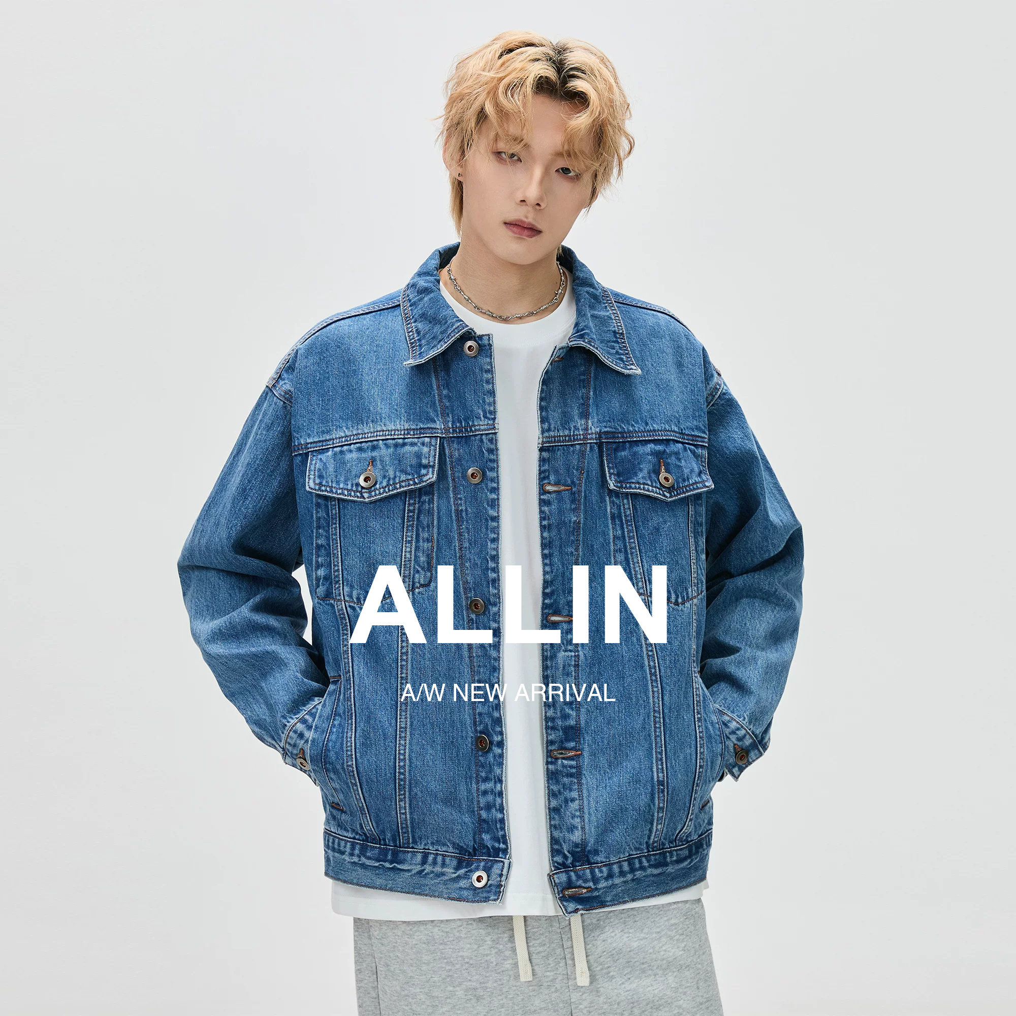 ALLIN 纯棉牛仔外套男春秋季潮牌宽松cleanfit翻领牛仔衣情侣夹克