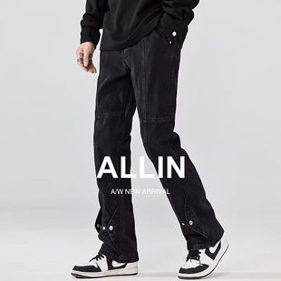 男秋冬潮牌水洗宽松显瘦直筒黑色微喇长裤 高街牛仔裤 子 美式 ALLIN