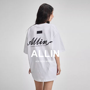 夏季 t恤男女同款 美式 潮牌半袖 上衣 ALLIN 情侣装 白色纯棉重磅短袖