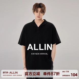 情侣慵懒老钱风透气翻领polo衫 T恤男夏季 上衣 黑色针织短袖 ALLIN