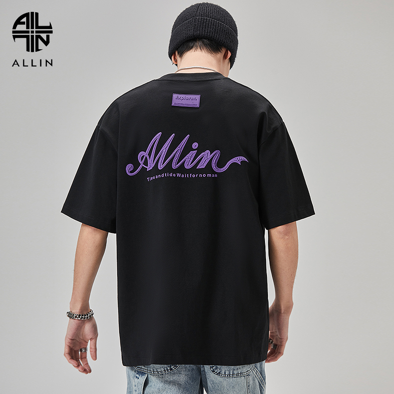 ALLIN 重磅纯棉短袖t恤男女夏季黑色五分袖字母发泡印花半袖上