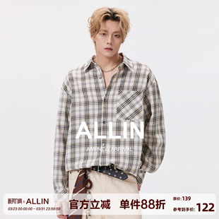 男女同款 ALLIN 格子衬衫 松弛感长袖 春秋宽松慵懒通勤衬衣上衣 美式
