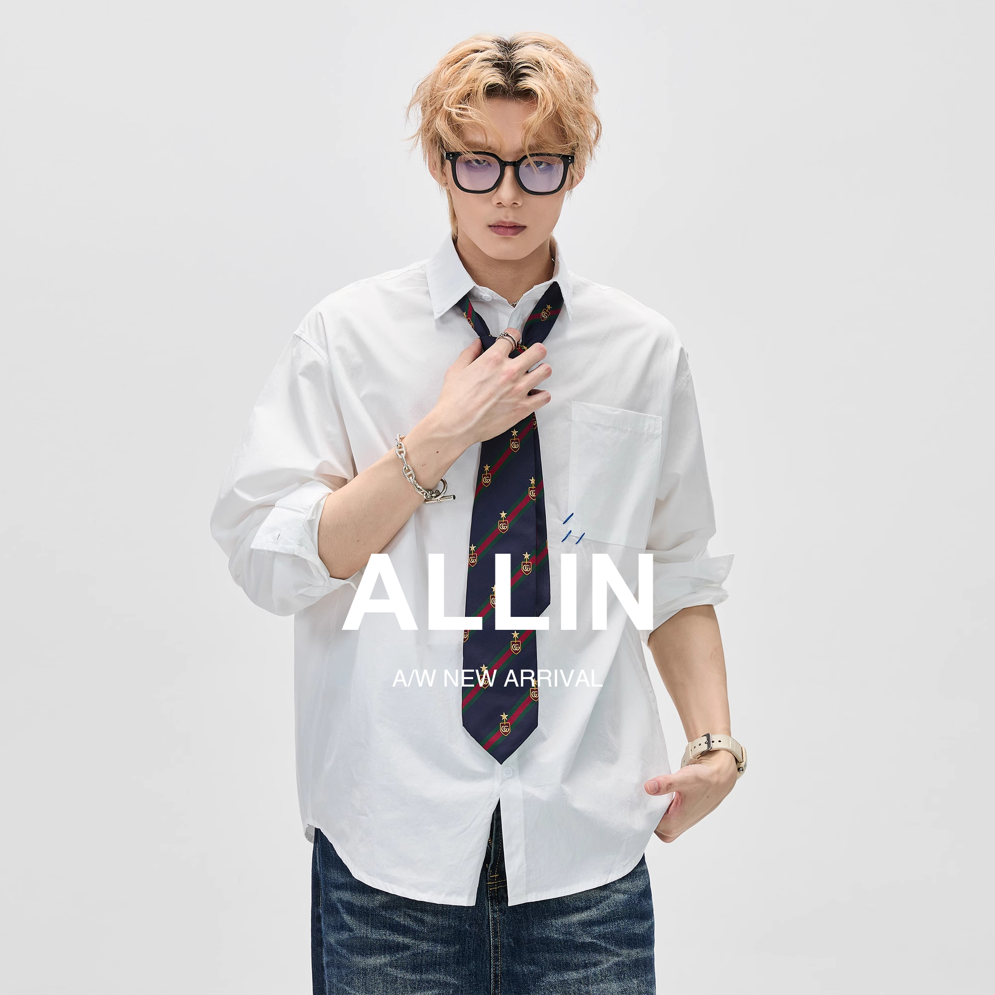 ALLIN 纯棉白色长袖衬衫男秋冬季休闲宽松落肩衬衣简约中性风外套