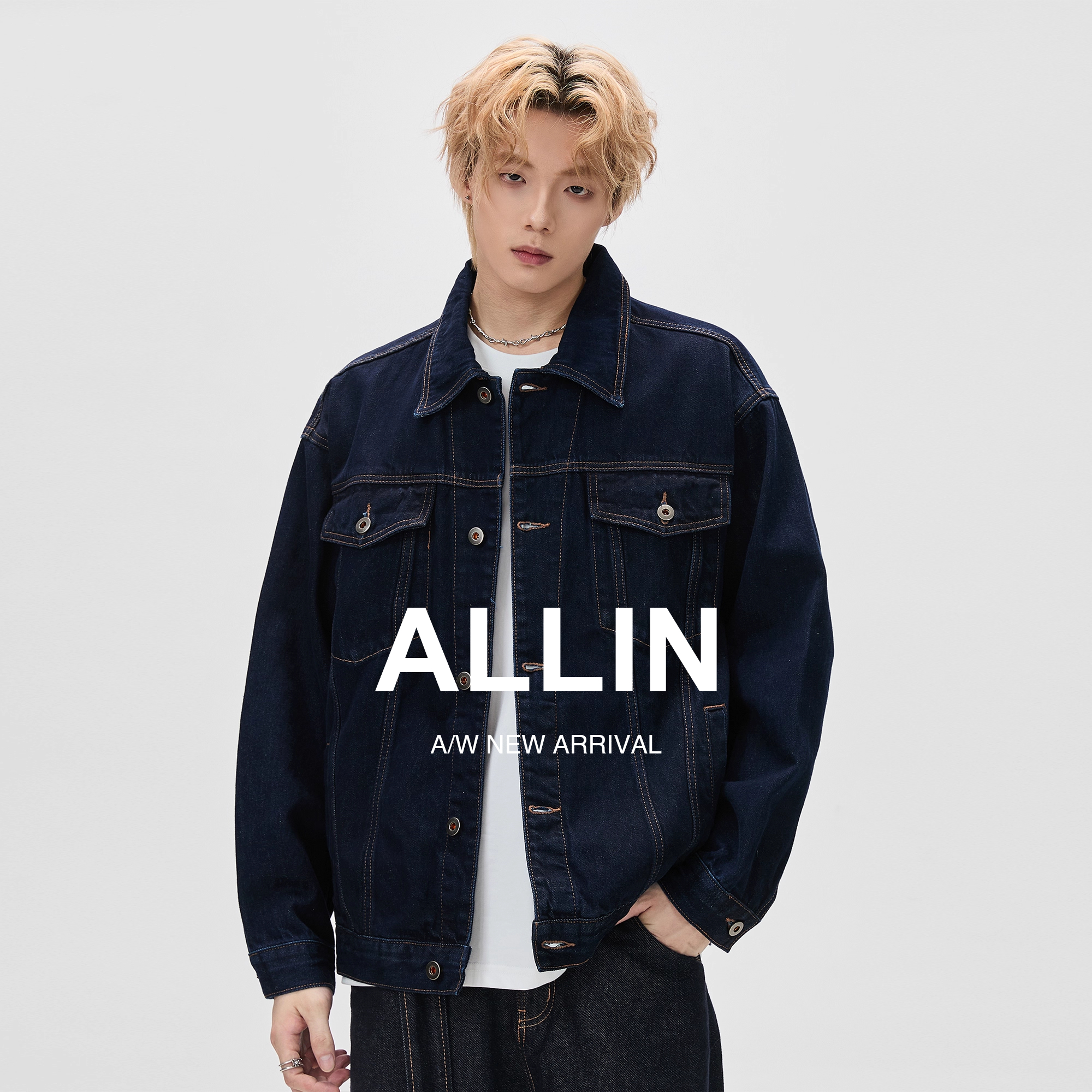ALLIN 复古原牛深蓝色牛仔外套男秋季潮牌缉明线cleanfit翻领夹克