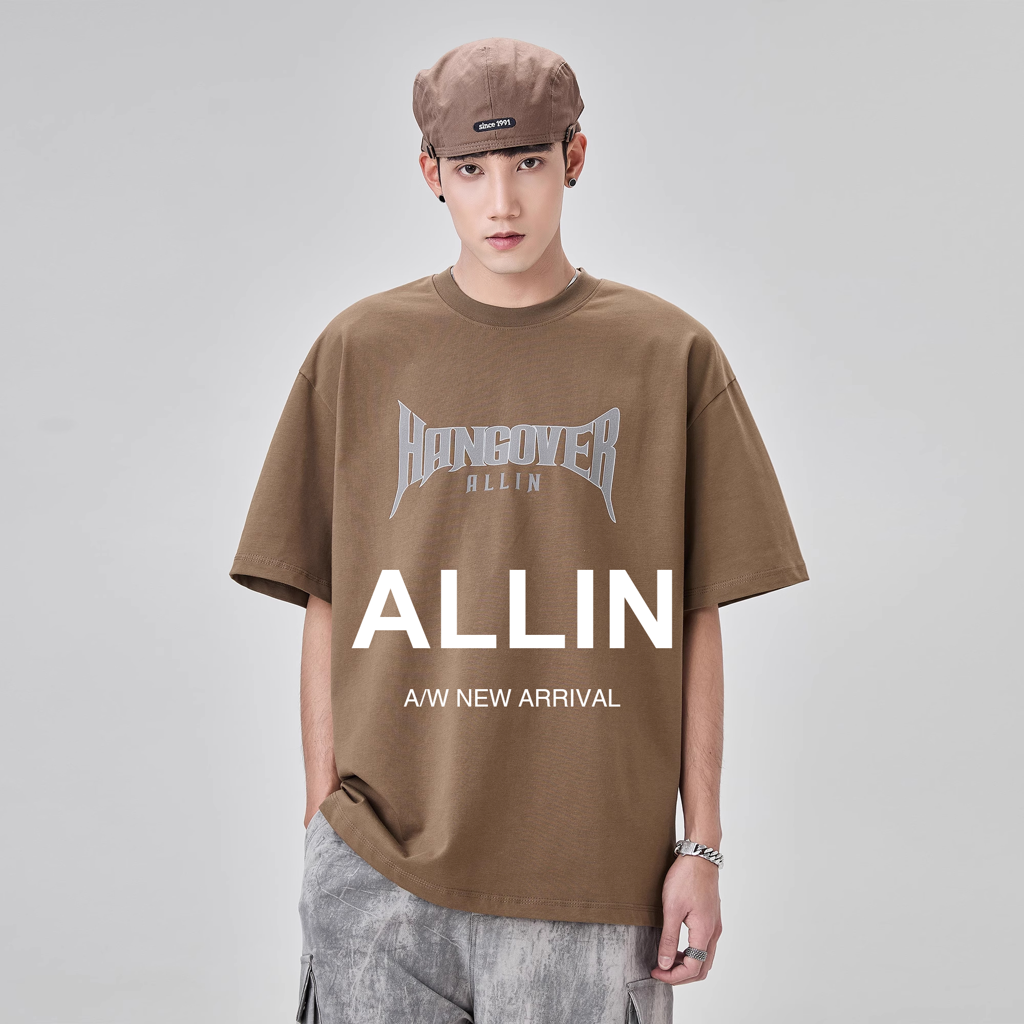 ALLIN 复古做旧英文字母潮牌印花短袖T恤男2025新款重磅纯棉上衣