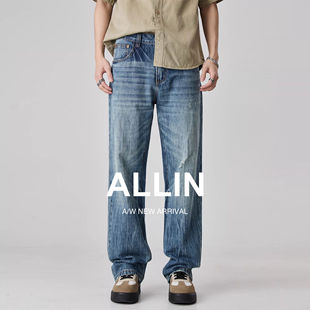 潮牌复古宽松阔腿直筒刮烂长裤 男秋冬美式 子 水洗破洞牛仔裤 ALLIN