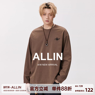 潮牌刺绣宽松内搭圆领百搭情侣上衣 T恤男春秋美式 ALLIN 落肩长袖