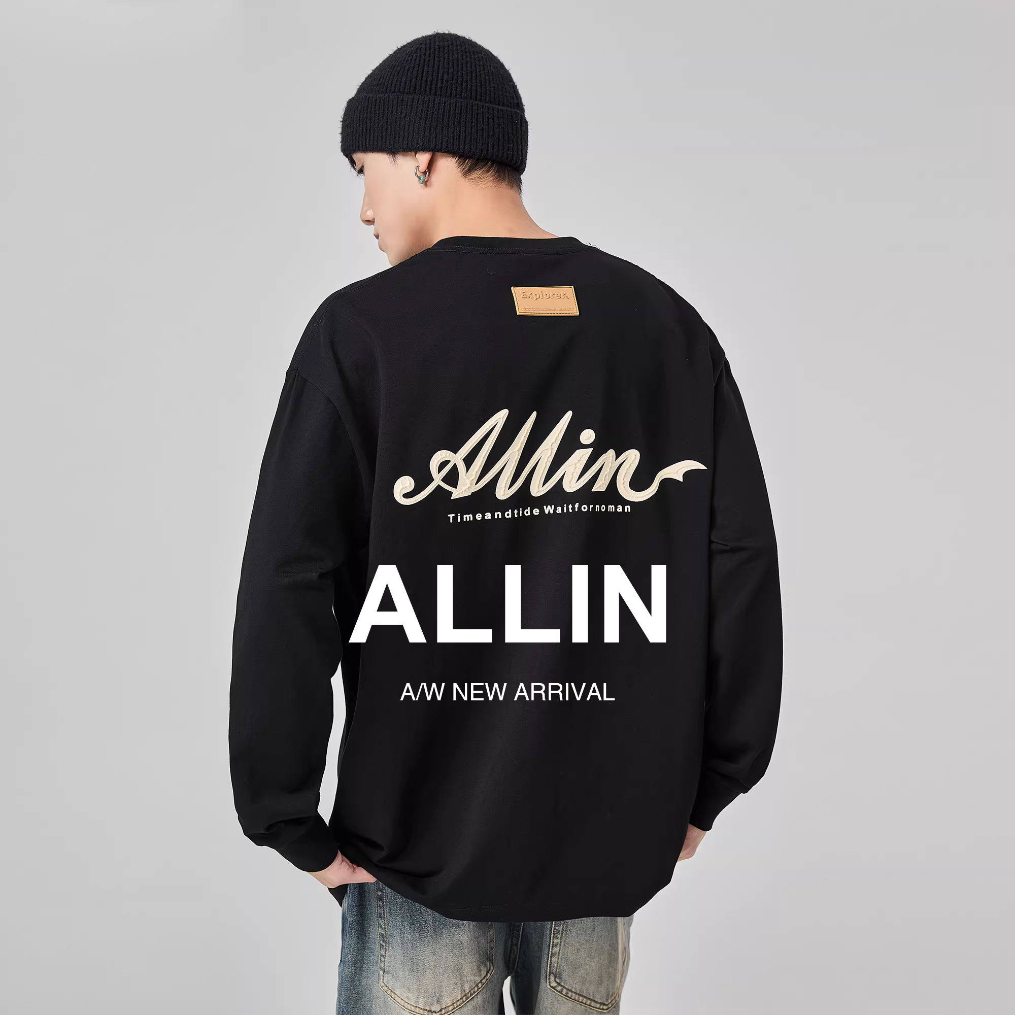 ALLIN 黑色长袖t恤男女秋冬纯棉重磅字母印花圆领套头百搭打底