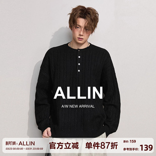 半纽扣亨利领情侣慵懒风针织衫 ALLIN 黑色含羊毛保暖毛衣男春秋季