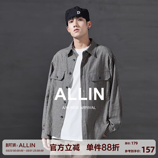 宽松休闲翻领长袖 ALLIN 男2026新款 衬衫 衬衣外套 日系复古条纹工装