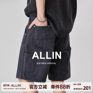 休闲高街牛仔短裤 复古水洗中裤 男夏季 美式 子 潮牌直筒五分裤 ALLIN