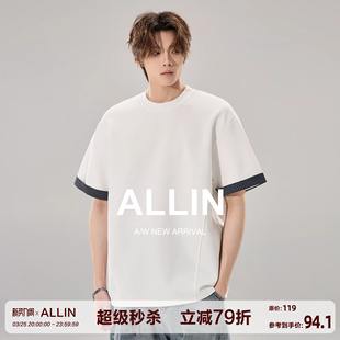 袖 T恤男生夏季 口拼接体恤情侣260g重磅上衣 曼巴棉白色短袖 ALLIN