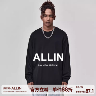 潮牌纯色宽松百搭重磅休闲基础打底上衣 t恤男美式 ALLIN 黑色长袖