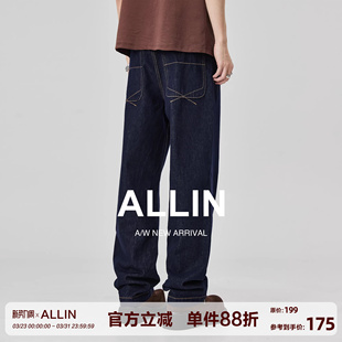 男春秋潮牌休闲宽松直筒垂感弯刀裤 高街深蓝色牛仔裤 子 美式 ALLIN