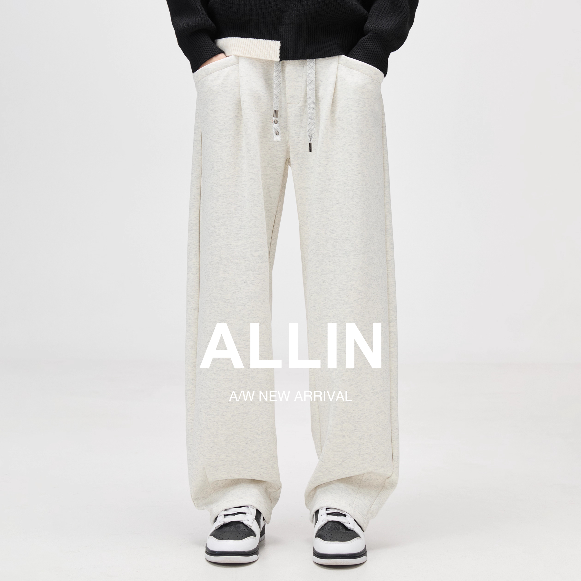 ALLIN 重磅浅灰色卫裤男秋季宽松直筒休闲裤垂感弯刀运动阔腿裤子