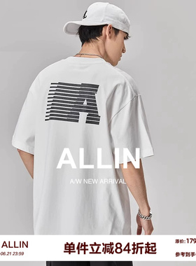ALLIN 美式字母印花短袖t恤男夏季潮牌百搭宽松重磅纯棉白色上衣