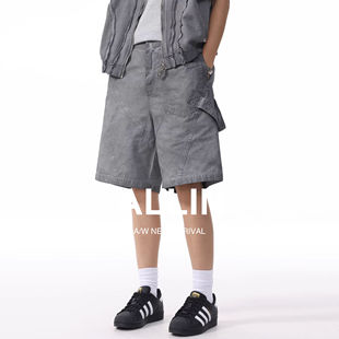 薄款 男夏季 美式 高街五分裤 子 ALLIN 潮牌拼接中裤 灰色纯棉休闲短裤