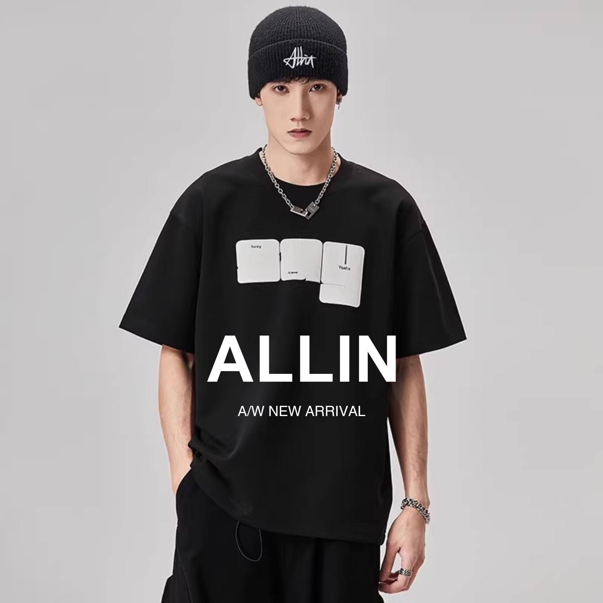 ALLIN 重磅黑色短袖t恤男夏季潮牌半袖体恤美式休闲情侣宽松上