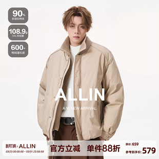 棒球服夹克加厚保暖外套 潮牌短款 ALLIN 假两件高领90羽绒服男冬季