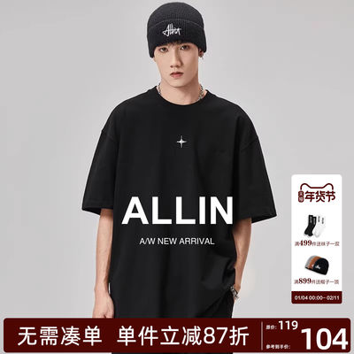 ALLIN黑色重磅纯棉印花短袖t恤