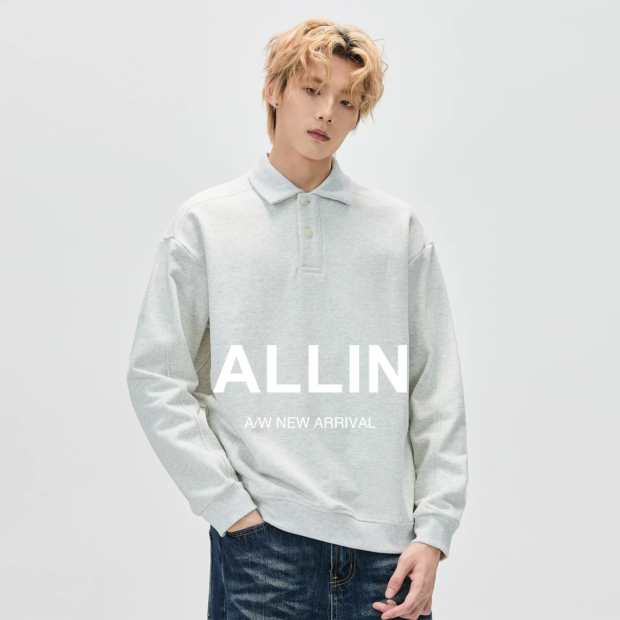 ALLIN 重磅POLO翻领卫衣男春秋美式纯色宽松套头情侣上衣潮牌外套
