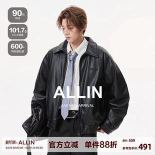 机车防风外套 情侣潮牌皮夹克美式 ALLIN 黑色翻领皮衣羽绒服男冬季