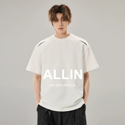 ALLIN 格纹镂空拼接解构短袖T恤男夏季情侣白色体恤潮牌宽松上衣