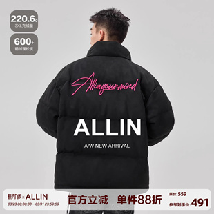 外套 加厚保暖字母刺绣潮牌情侣短款 ALLIN 黑色立领羽绒服男生冬季