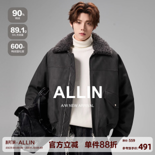 ALLIN 防风保暖情侣机车服外套 可拆卸毛领黑色皮夹克羽绒服男冬季
