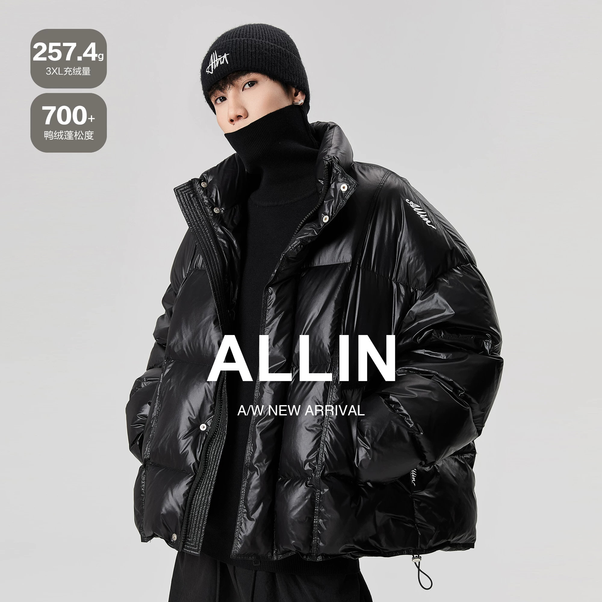 ALLIN 黑色鸭绒羽绒服男冬季加厚保暖面包服字母刺绣立领短款外套