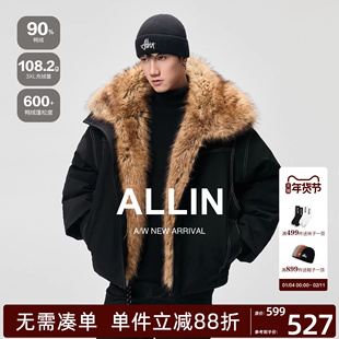 ALLIN 座山雕毛领羽绒服男冬季90白鸭绒短款防寒情侣黑色夹克外套