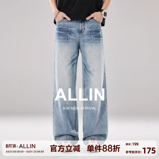 子 男春秋浅蓝色水洗宽松微喇高街阔腿长裤 ALLIN 冰裂纹弯刀牛仔裤