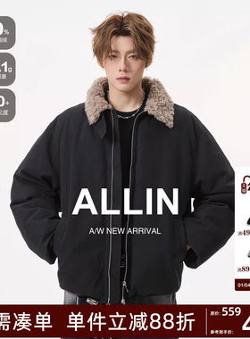 ALLIN 黑色短款毛领羽绒服男生冬季保暖cleanfit翻领夹克情侣外套