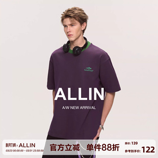 宽松字母刺绣半袖 t恤男夏季 重磅情侣上衣 圆领撞色领口短袖 ALLIN