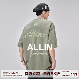 字母立体印花纯棉情侣水洗半袖 t恤男夏季 上衣 重磅圆领短袖 ALLIN
