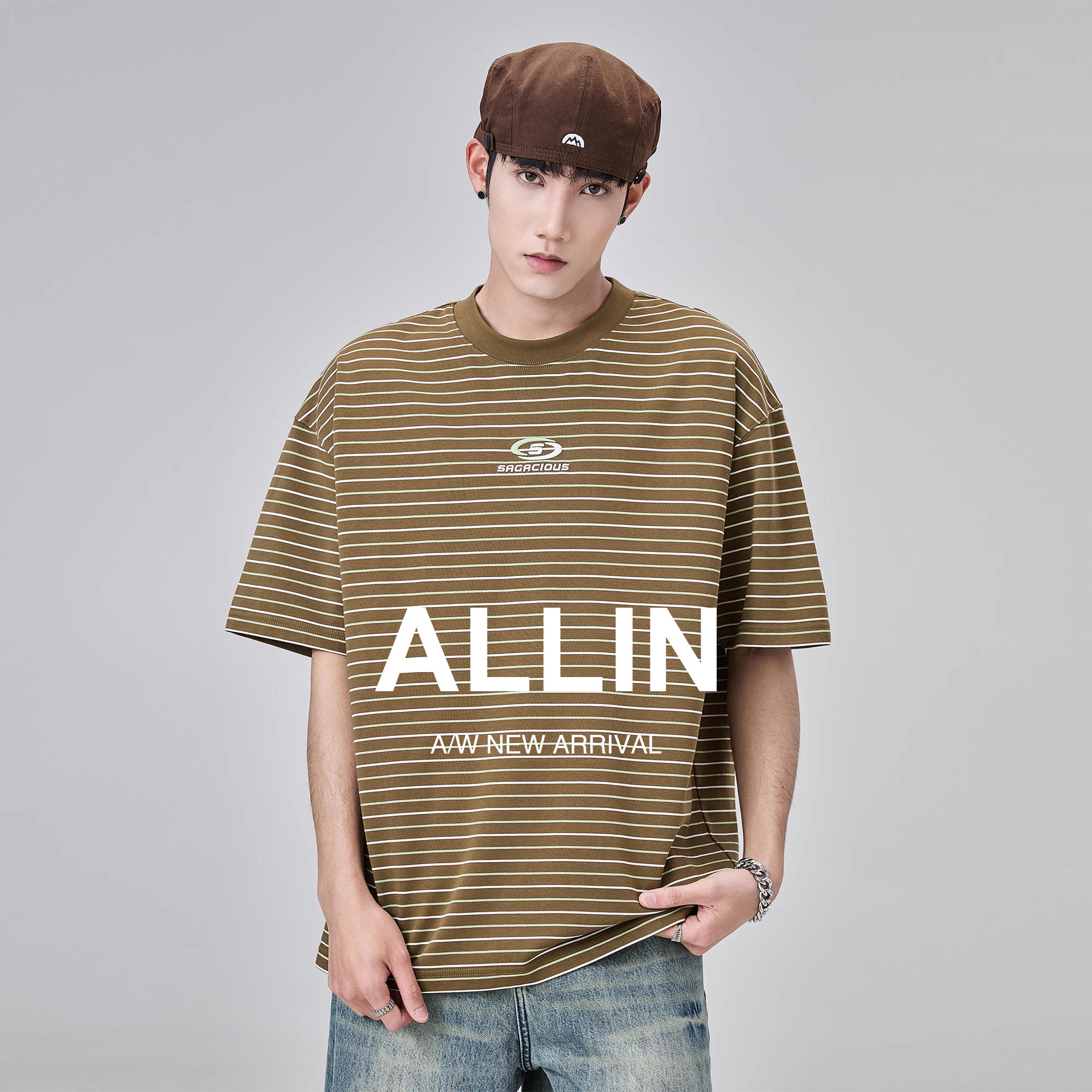 ALLIN 条纹短袖t恤男潮牌宽松2025新款潮流圆领休闲半袖男生上衣