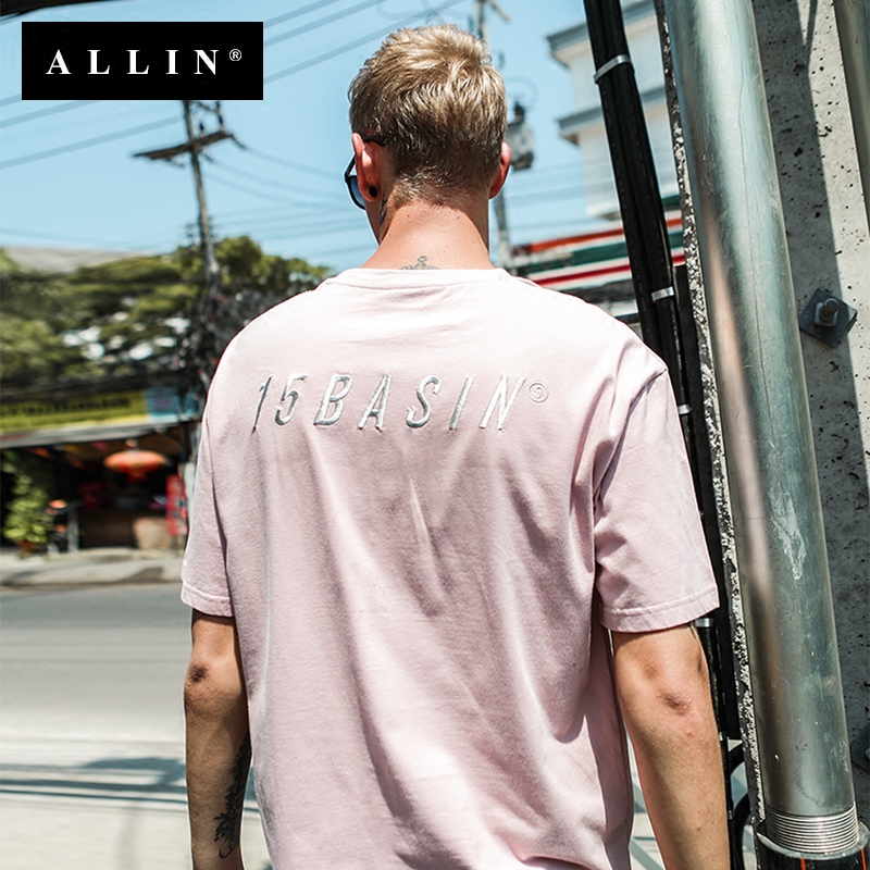 Allin短袖T恤男 2018夏季新款男士寬松潮流歐美刺繡淺粉色上衣男t