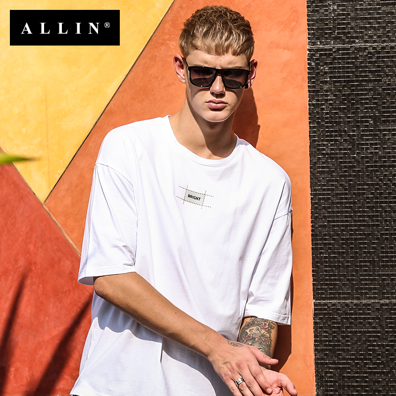 Allin短袖T恤男潮牌寬松落肩五分袖夏季情侶上衣oversize半袖潮流