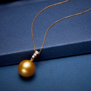 赠银链 18K金11 12mm海水南洋金珠浓金吊坠