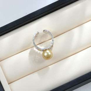 S925银9 10mm海水南洋金珍珠开口戒指