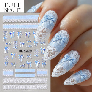 网红新款 美甲贴纸浮雕立体5D立体粉蓝色蕾丝花边蝴蝶结背胶指甲贴