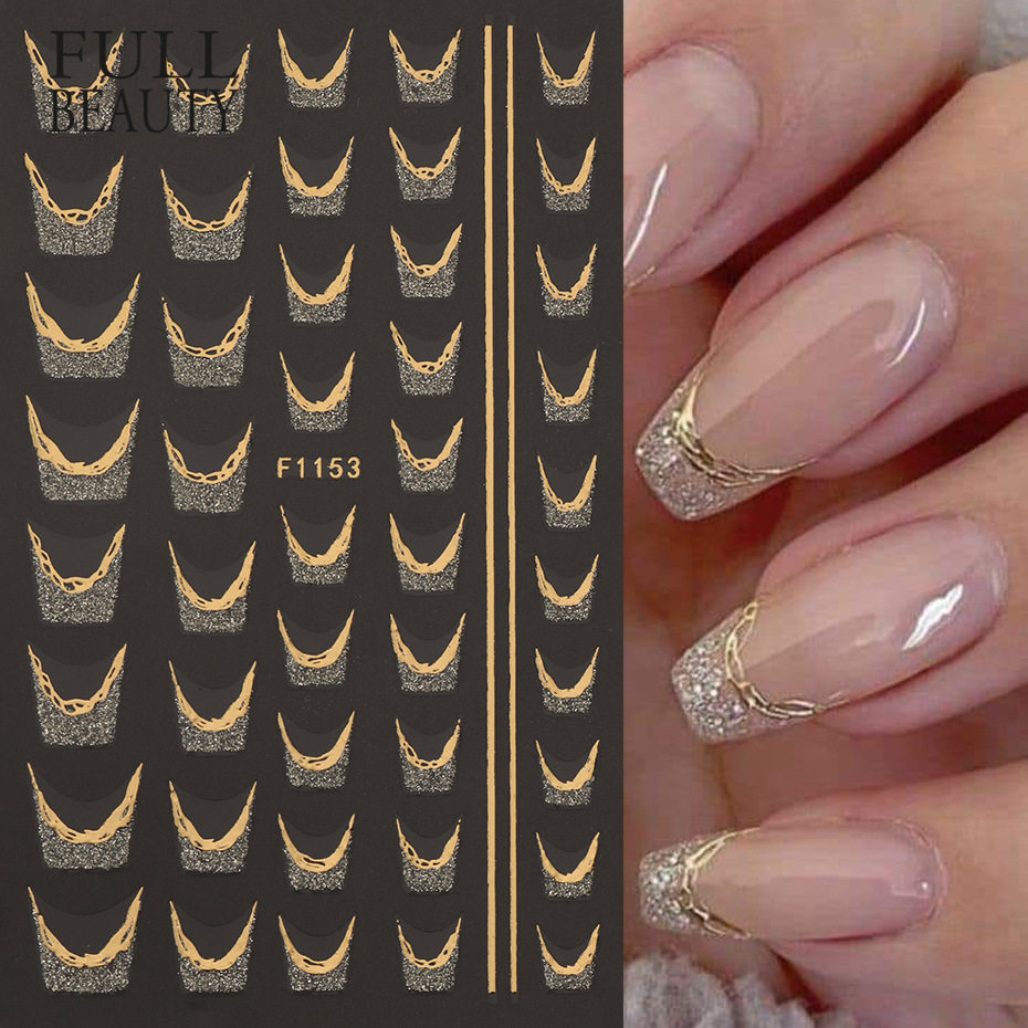 新款美甲贴纸烫金边闪粉法式线条蝴蝶花卉背胶指甲贴美甲饰品工具