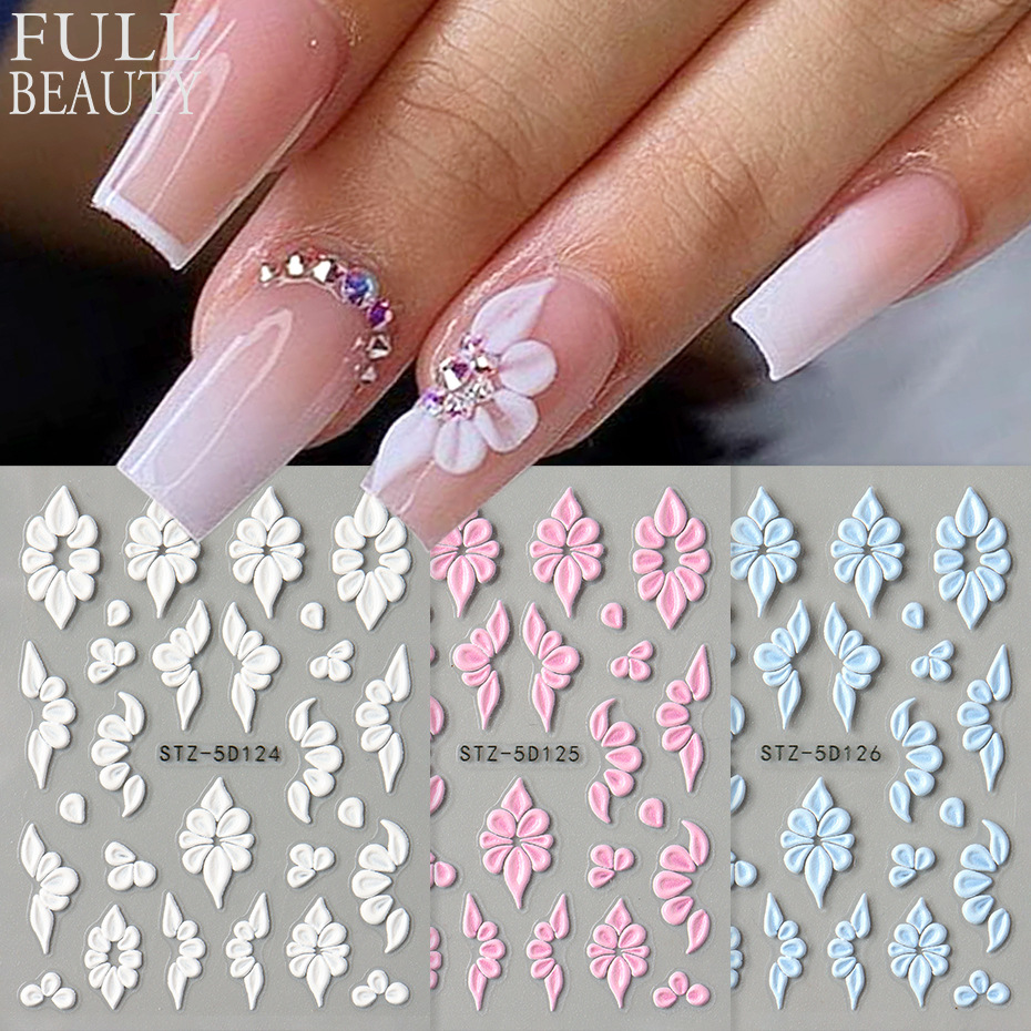 新款美甲贴纸浮雕5D立体白色粉色蓝色小花花卉指甲贴自粘全贴贴花
