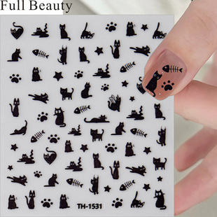 网红新款美甲贴纸可爱小猫咪卡通黑色小猫月亮星星背胶指甲贴纸