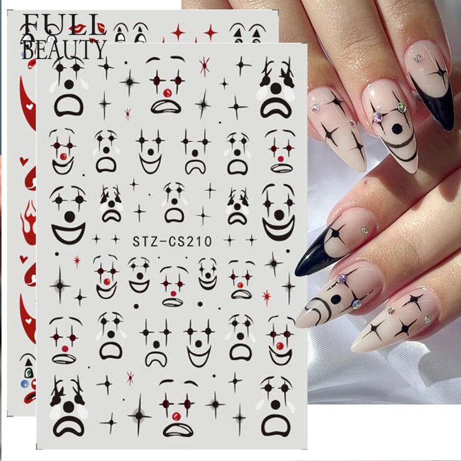 小丑美甲贴纸黑色风格表情背胶骷颅搞怪吓人表情背胶指甲贴纸全贴