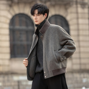 高级感休闲潮男装 绵羊毛双面呢子夹克外套男士 大衣新款 短款