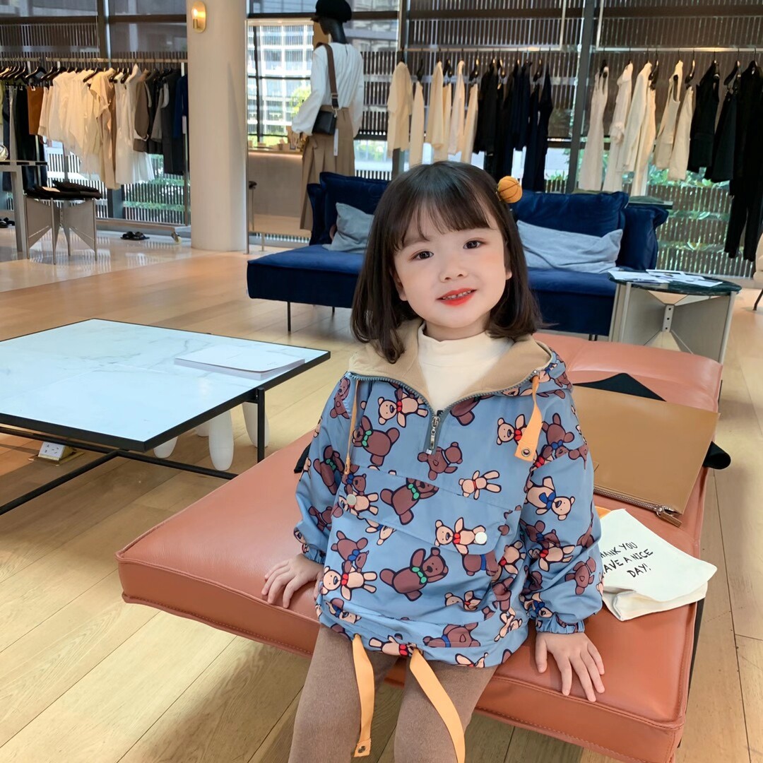 春款中小女童韩版小熊印花连帽套头摇粒绒卫衣冲锋衣