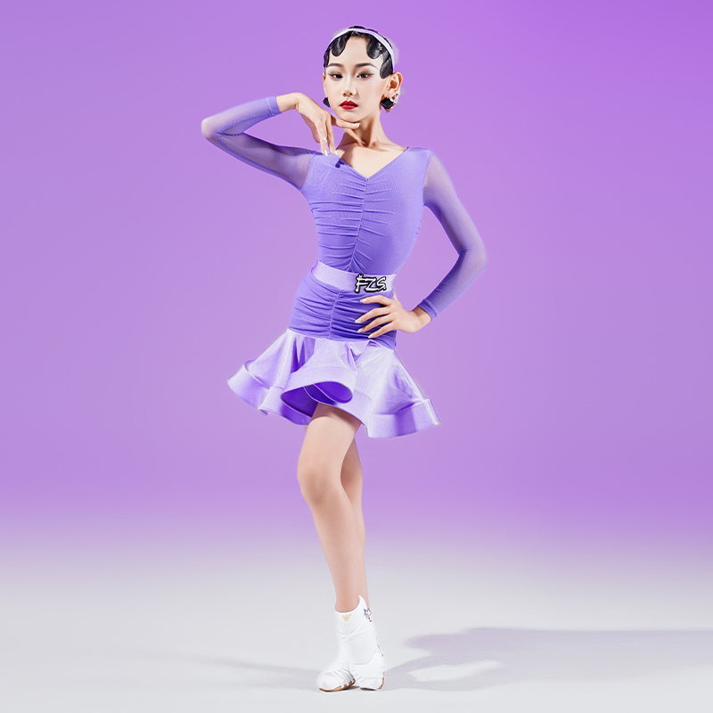 FZS DANCE L302 拉丁舞服女高级感网纱褶皱F练功服舞蹈裙 紫色